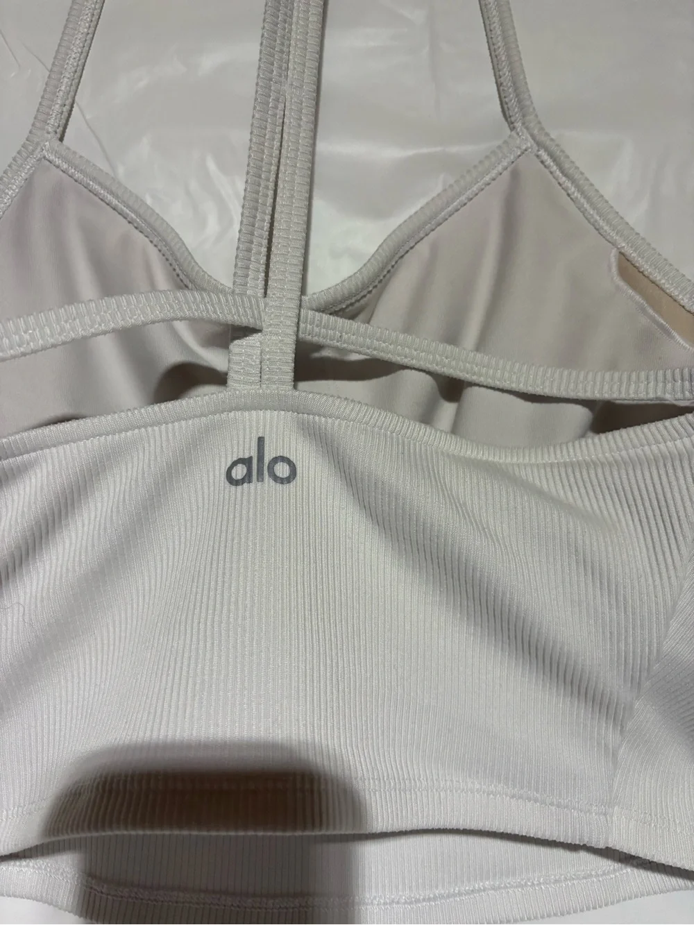 ALO Yoga White Ribbed Cropped Camisole with Strappy Back Detail